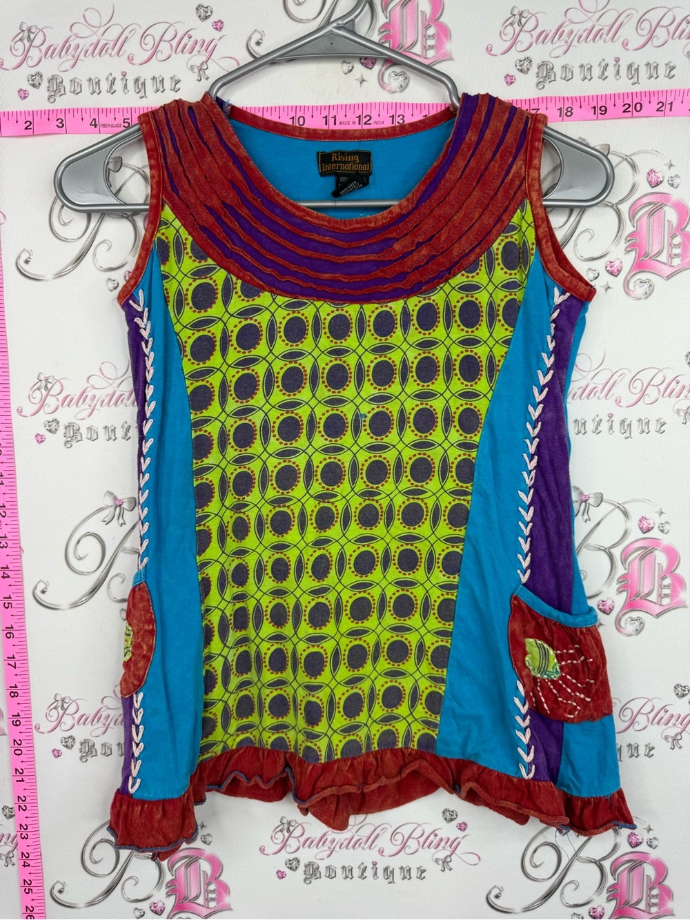 Rising International Multicolor patch Sleeveless Tunic Top - Lime, Teal & Purple